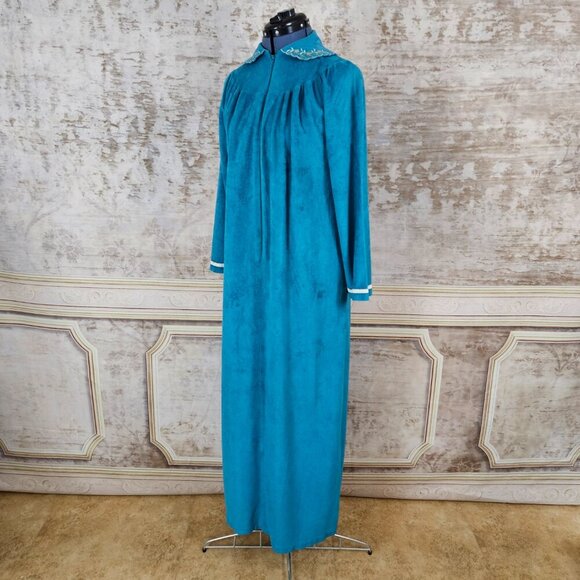Vintage 1980s Robe Teal Blue Green M Made in USA Long Length Grandma Core - Picture 7 of 11